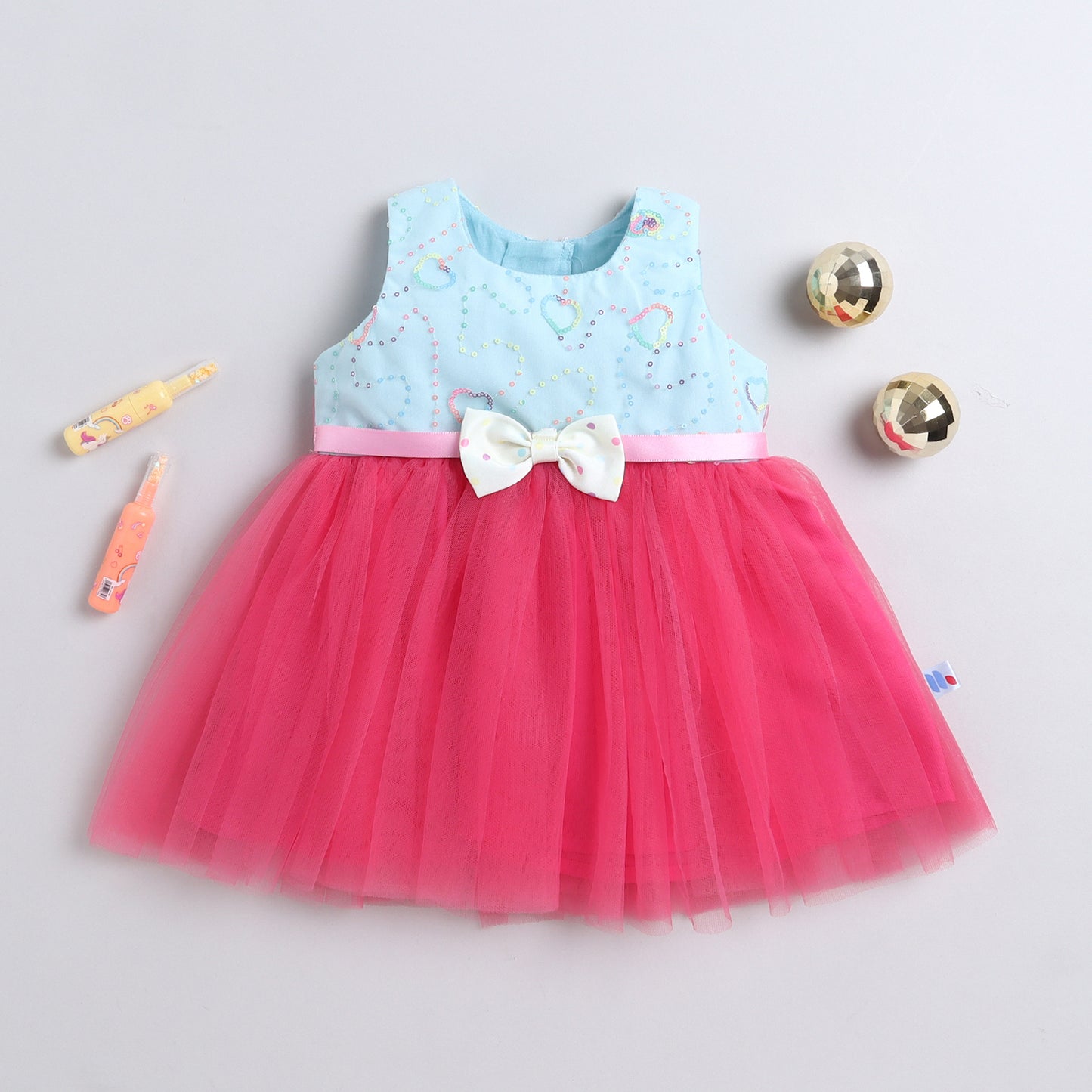 Many Frocks & Sleeveless Bow Embellished Knee Length Flared Girls Christmas Party Dress -Blue & Pink