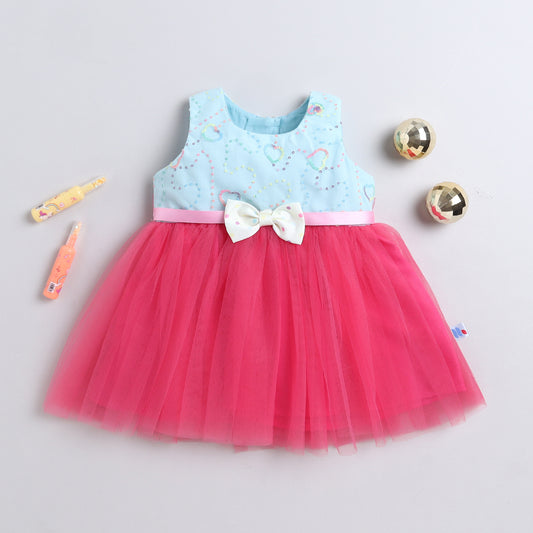 Many Frocks & Sleeveless Bow Embellished Knee Length Flared Girls Christmas Party Dress -Blue & Pink