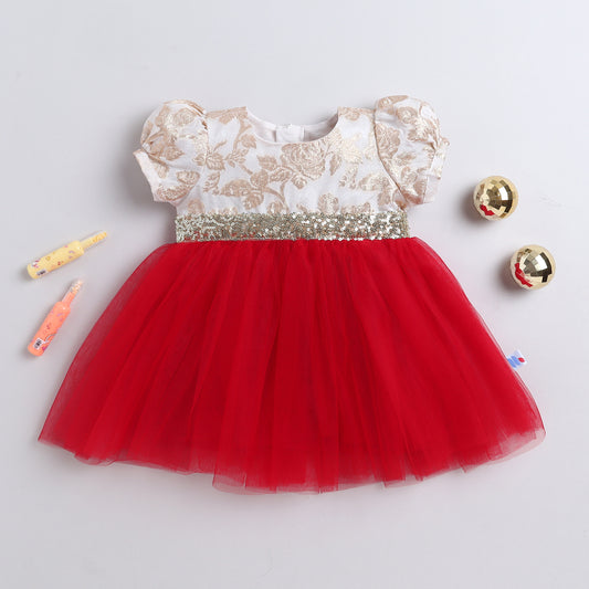 Many Frocks & Net Puff Sleeves Sequin Lace Embellished Knee Length Flared Girls Christmas Party Dress - Red & Cream