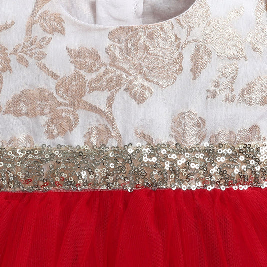 Many Frocks & Net Puff Sleeves Sequin Lace Embellished Knee Length Flared Girls Christmas Party Dress - Red & Cream