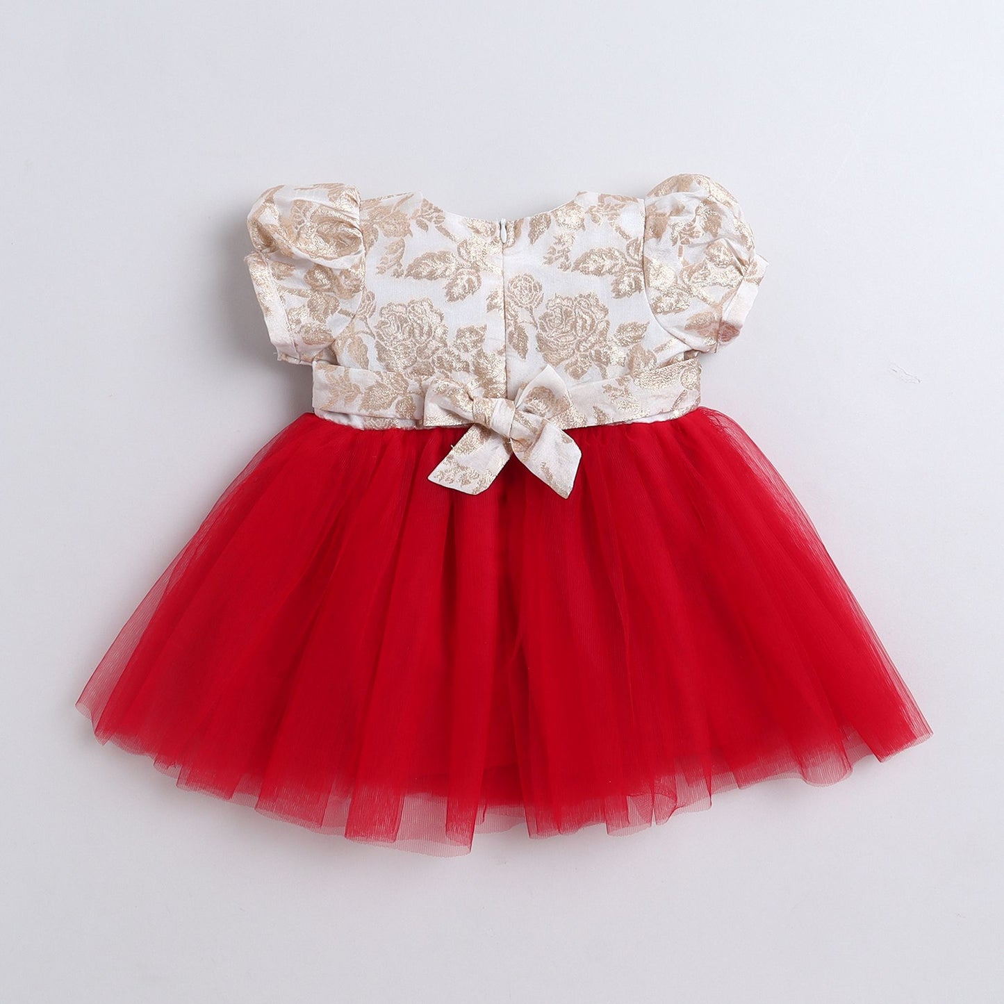 Many Frocks & Net Puff Sleeves Sequin Lace Embellished Knee Length Flared Girls Christmas Party Dress - Red & Cream