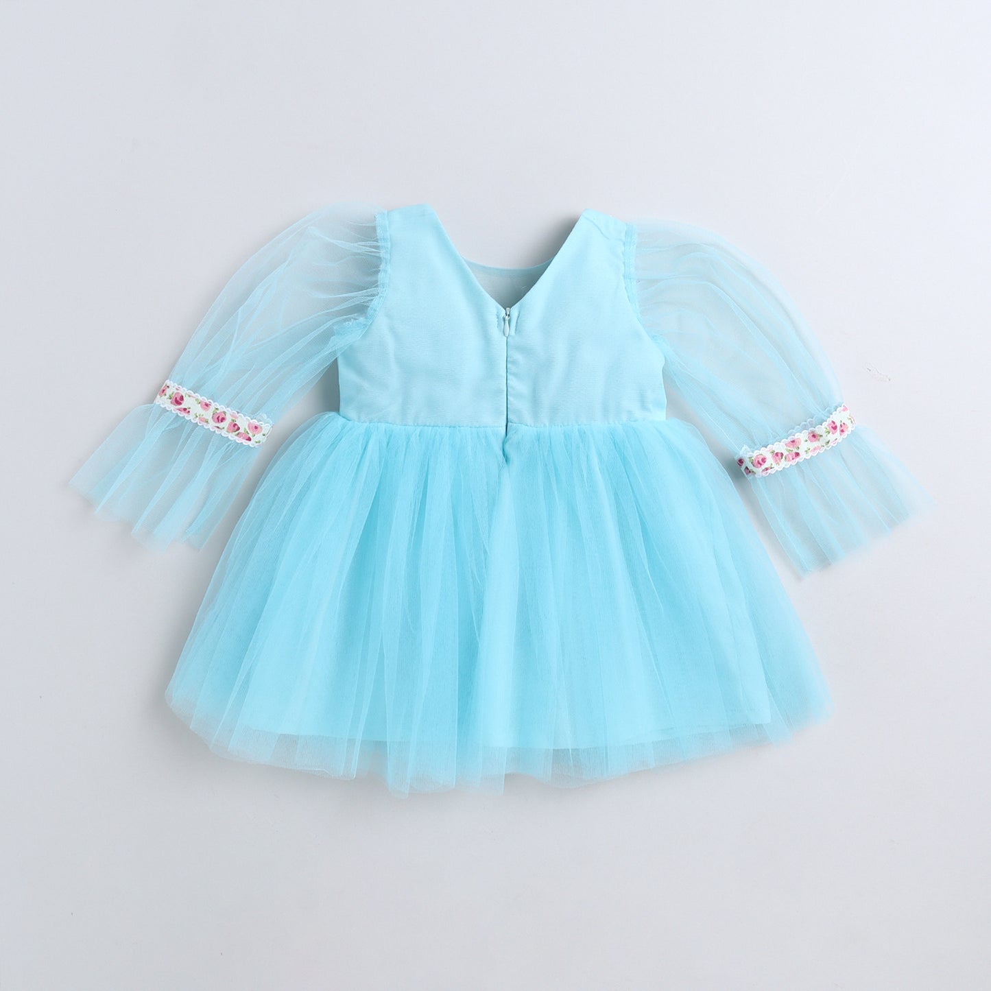 Many Frocks & Net Long Sleeves Lace  Embellished Knee Length Flared Girls Christmas Party Dress - Blue