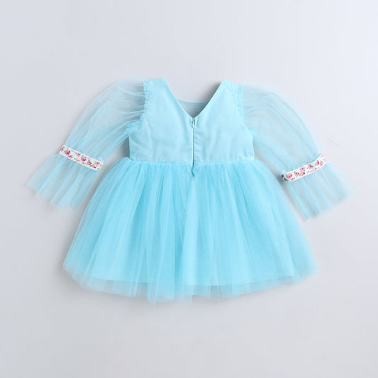 Many Frocks & Net Long Sleeves Lace  Embellished Knee Length Flared Girls Christmas Party Dress - Blue