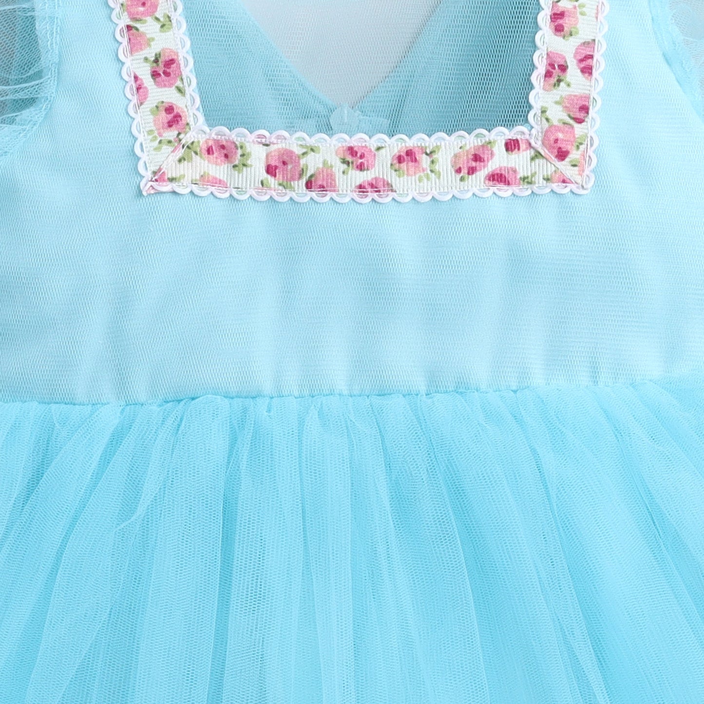 Many Frocks & Net Long Sleeves Lace  Embellished Knee Length Flared Girls Christmas Party Dress - Blue