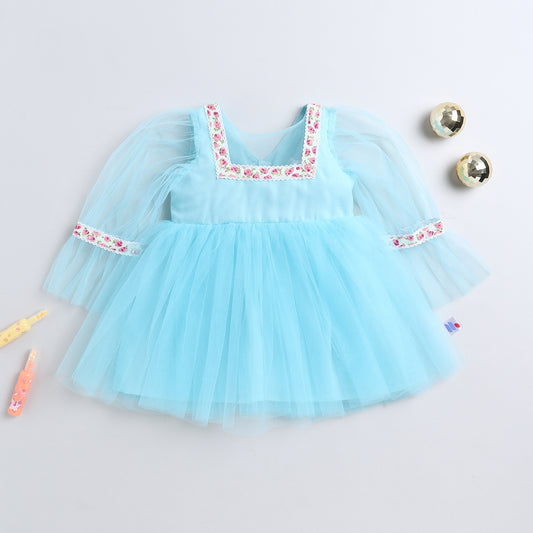 Many Frocks & Net Long Sleeves Lace  Embellished Knee Length Flared Girls Christmas Party Dress - Blue
