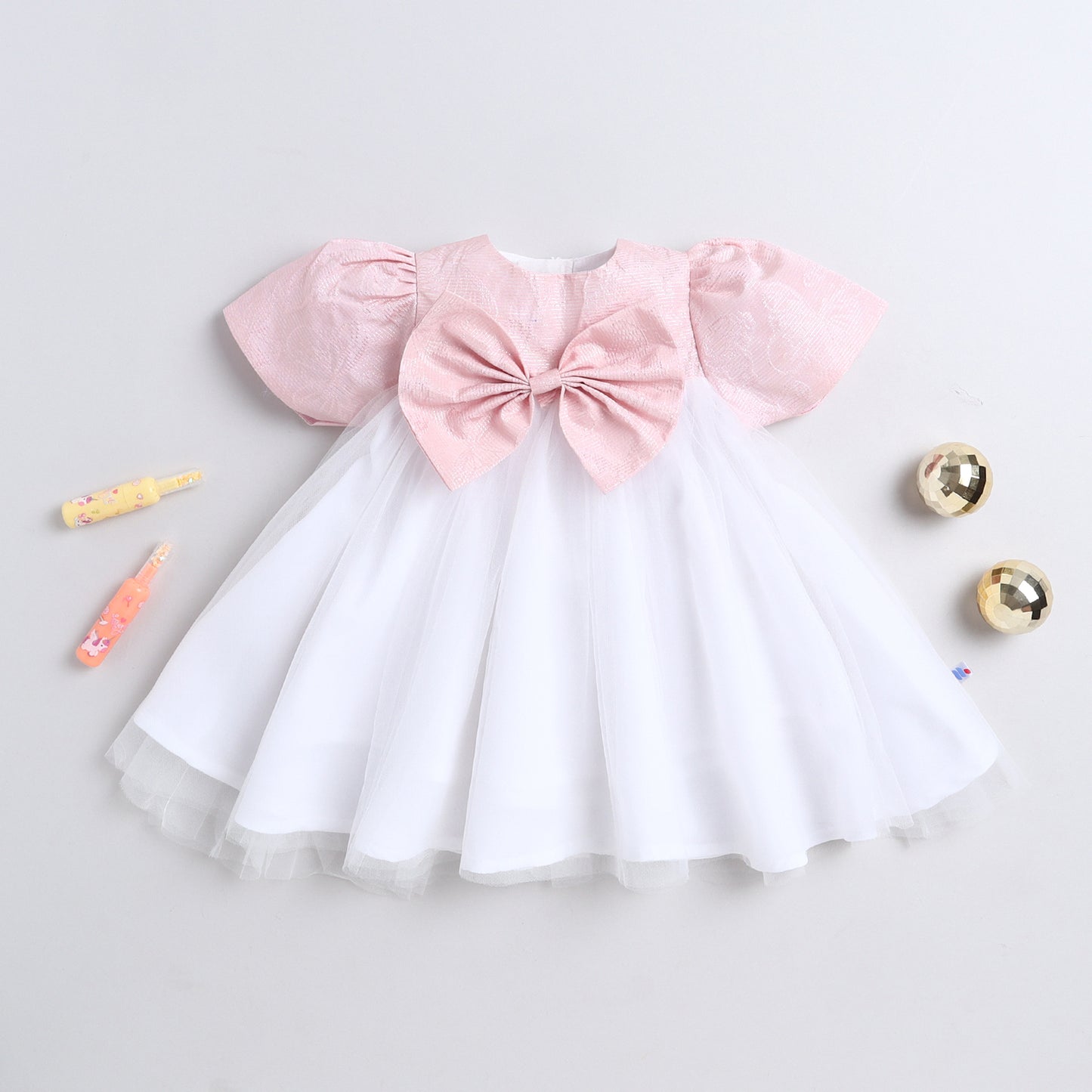Many Frocks & Sleeveless Bow Embellished Knee Length Flared Girls Christmas Party Dress -Pink & White