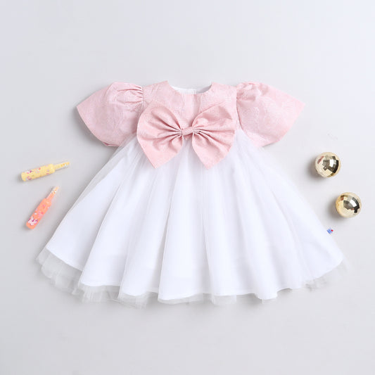 Many Frocks & Sleeveless Bow Embellished Knee Length Flared Girls Christmas Party Dress -Pink & White
