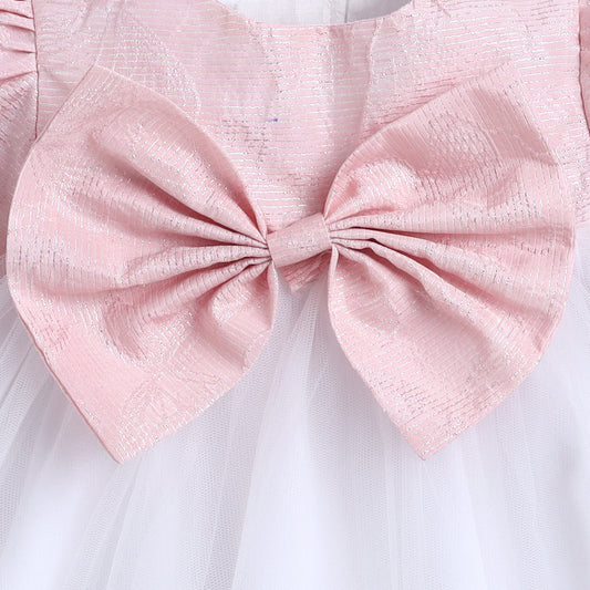 Many Frocks & Sleeveless Bow Embellished Knee Length Flared Girls Christmas Party Dress -Pink & White