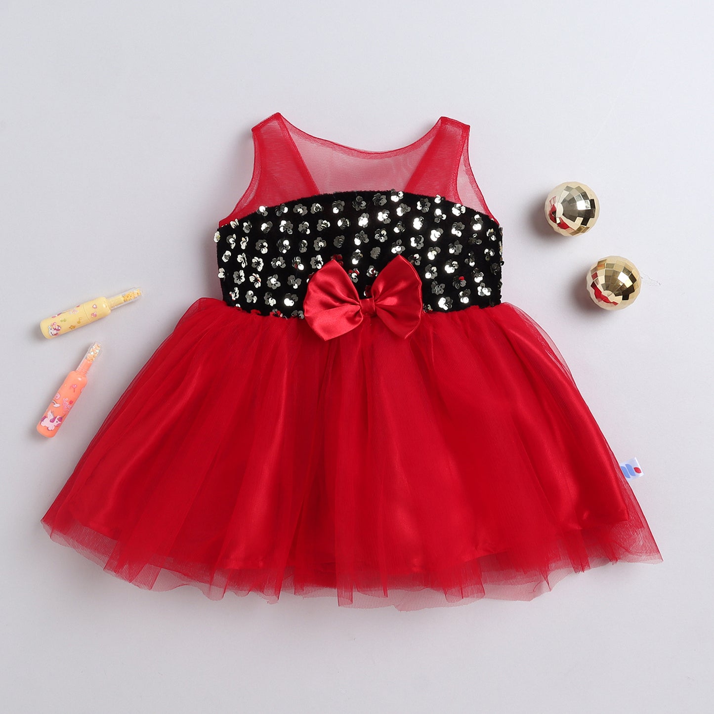 Many Frocks & Net Sleeveless Bow Embellished Knee Length Flared Girls Christmas Party Dress - Red & Black