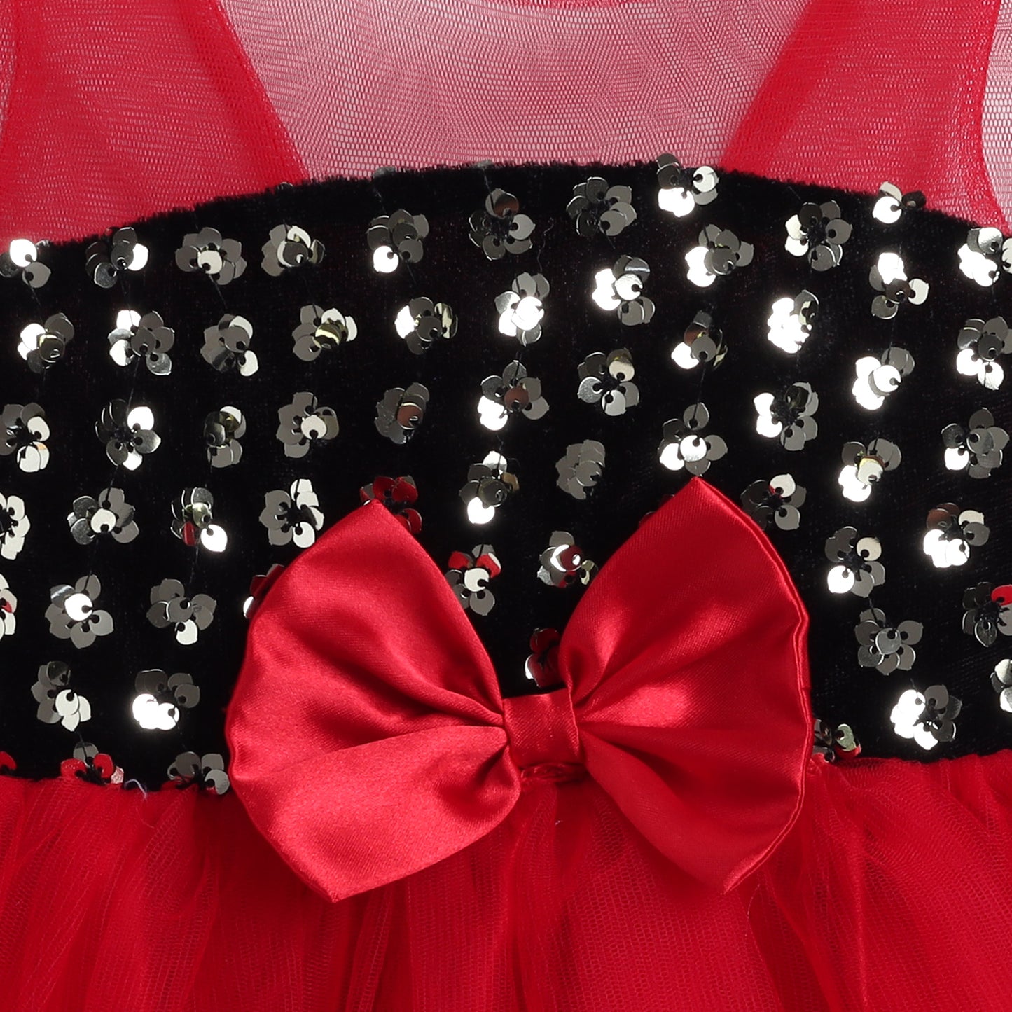 Many Frocks & Net Sleeveless Bow Embellished Knee Length Flared Girls Christmas Party Dress - Red & Black
