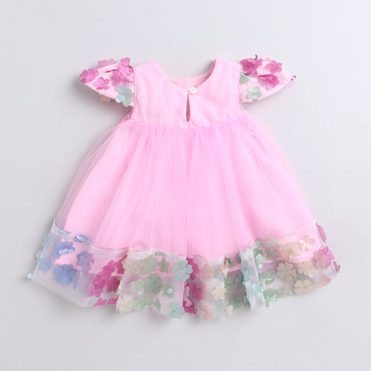 Many Frocks & Net Cap Sleeves 3D Flower Embellished Knee Length Flared Girls Christmas Party Dress - Pink