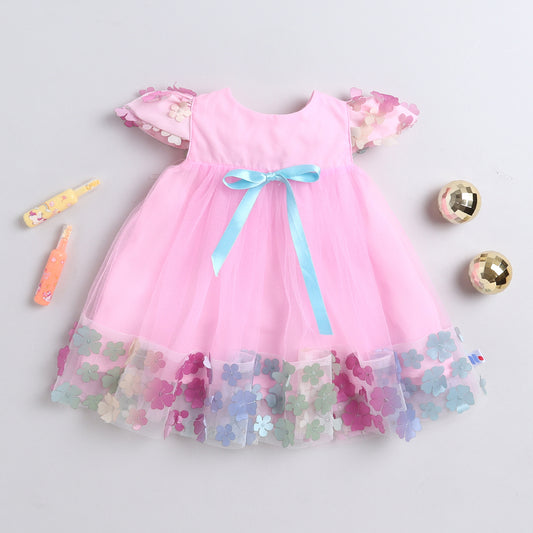 Many Frocks & Net Cap Sleeves 3D Flower Embellished Knee Length Flared Girls Christmas Party Dress - Pink