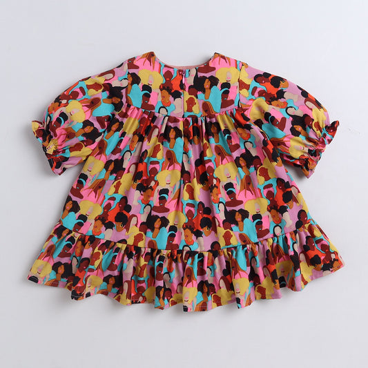 Many Frocks & Crepe Short Sleeves Printed Knee Length Flared A Line Girls Christmas Casual Dress -Multi