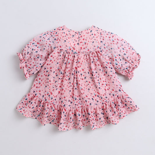 Many Frocks & Georgette Short Sleeves Bow Embellished Knee Length Flared A Line Girls Casual Dress -Pink