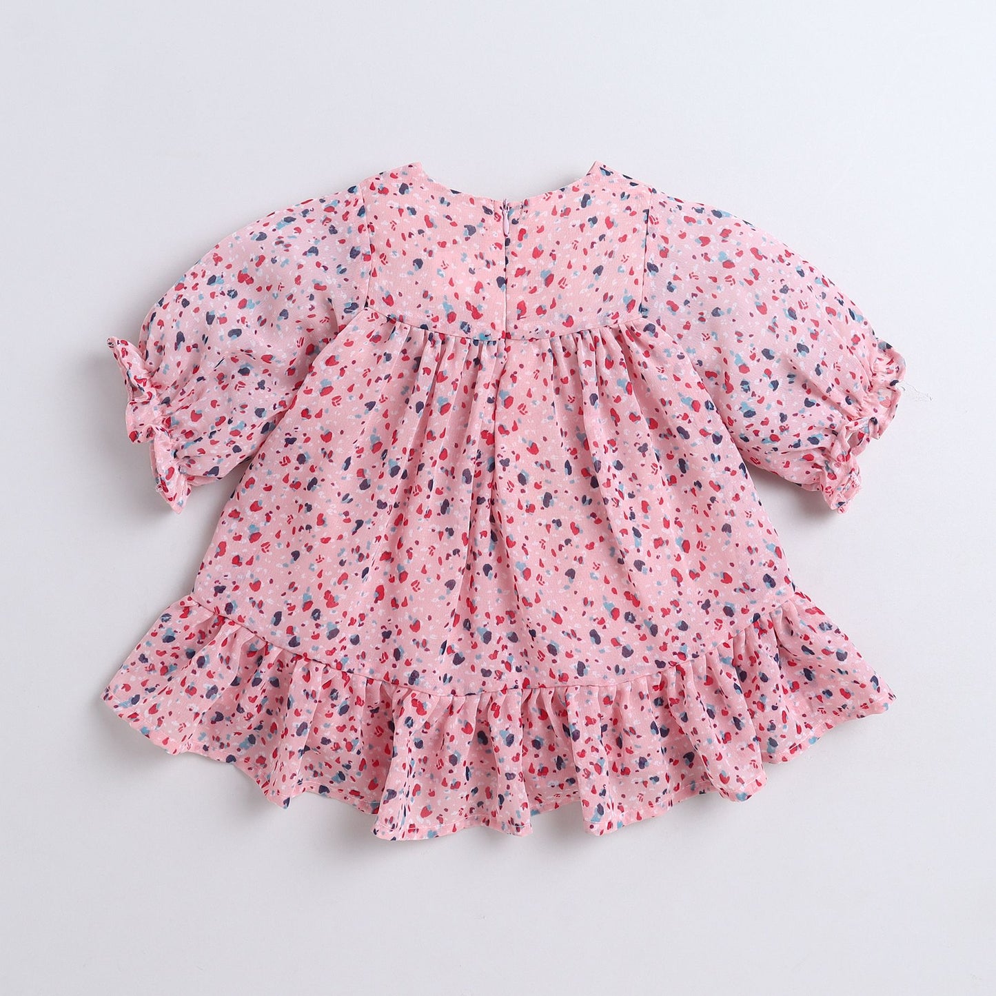 Many Frocks & Georgette Short Sleeves Bow Embellished Knee Length Flared A Line  Girls  Casual  Dress -Pink