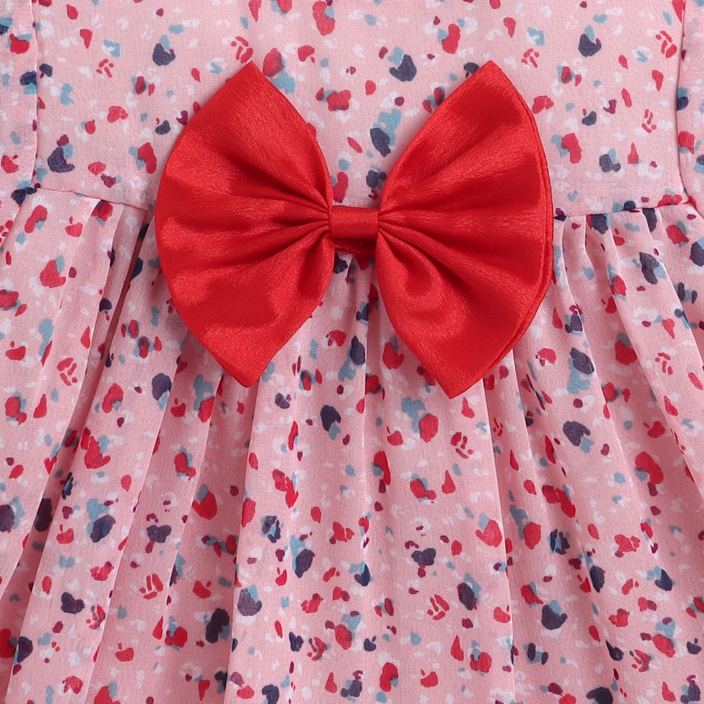 Many Frocks & Georgette Short Sleeves Bow Embellished Knee Length Flared A Line  Girls  Casual  Dress -Pink