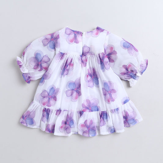 Many Frocks & Georgette Short Sleeves Flower Printed Knee Length Flared A Line Girls Casual Dress - White & Purple