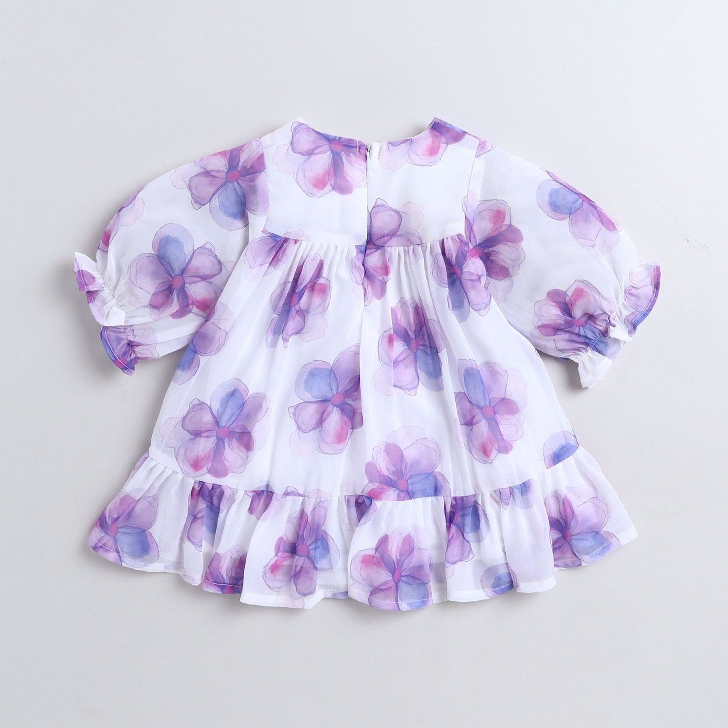 Many Frocks & Georgette Short Sleeves Flower Printed Knee Length Flared A Line  Girls Casual  Dress - White & Purple