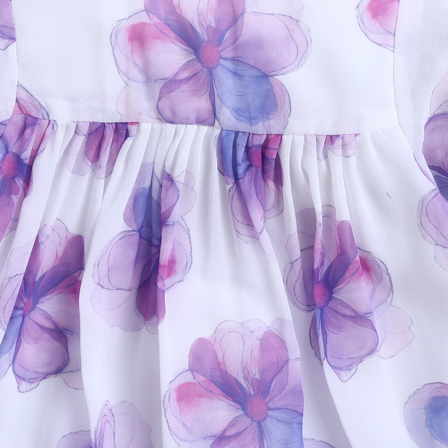 Many Frocks & Georgette Short Sleeves Flower Printed Knee Length Flared A Line  Girls Casual  Dress - White & Purple