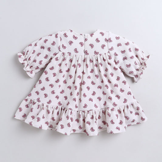 Many Frocks & Short Sleeves Bow Printed Knee Length Flared A Line Girls Christmas Casual Dress -White