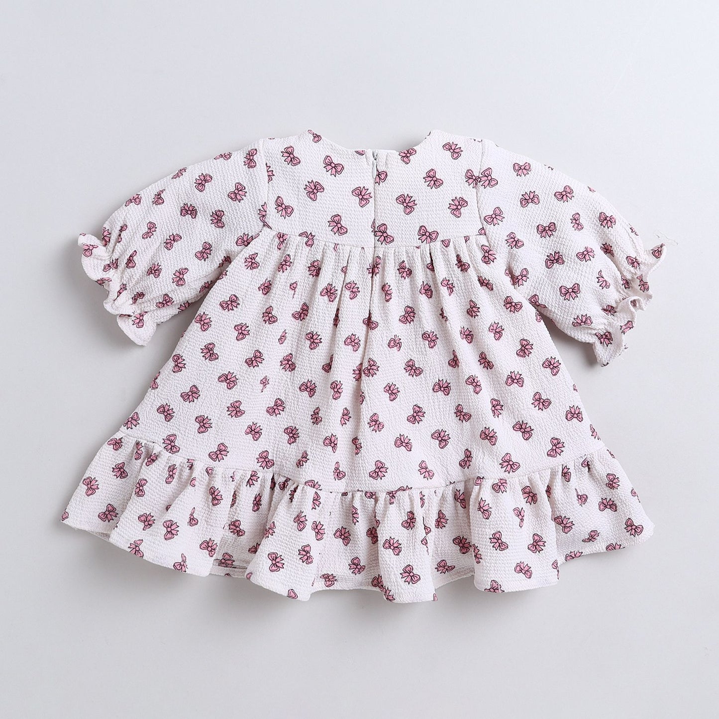 Many Frocks & Short Sleeves Bow Printed Knee Length Flared A Line  Girls Christmas Casual  Dress -White