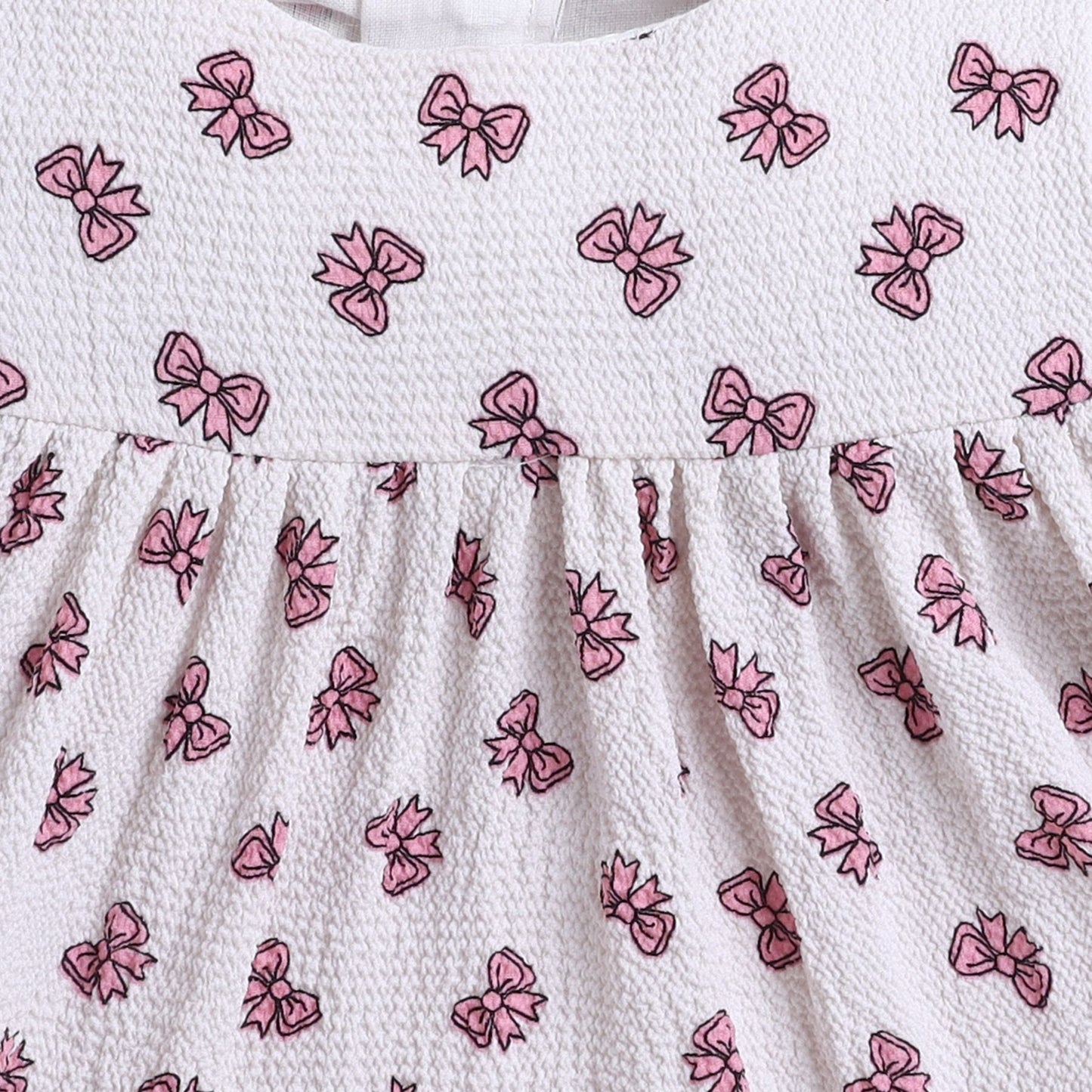 Many Frocks & Short Sleeves Bow Printed Knee Length Flared A Line  Girls Christmas Casual  Dress -White