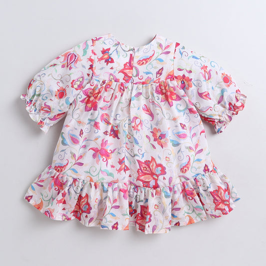 Many Frocks & Short Sleeves Floral Printed Knee Length Flared A Line  Girls Christmas Casual  Dress -Pink