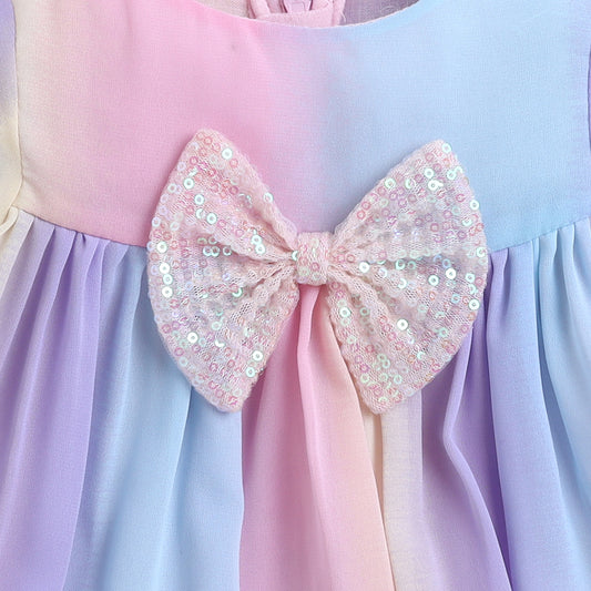 Many Frocks & Georgette Short Sleeves Bow Embellished Knee Length Flared A Line Girls Christmas Party Dress -Multi Colour