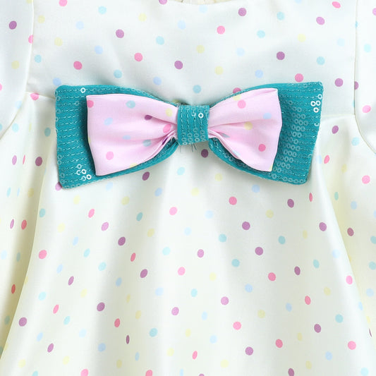 Many Frocks & Satin Short Sleeves Bow Embellished Knee Length Flared A Line Girls Christmas Casual Dress -Yellow