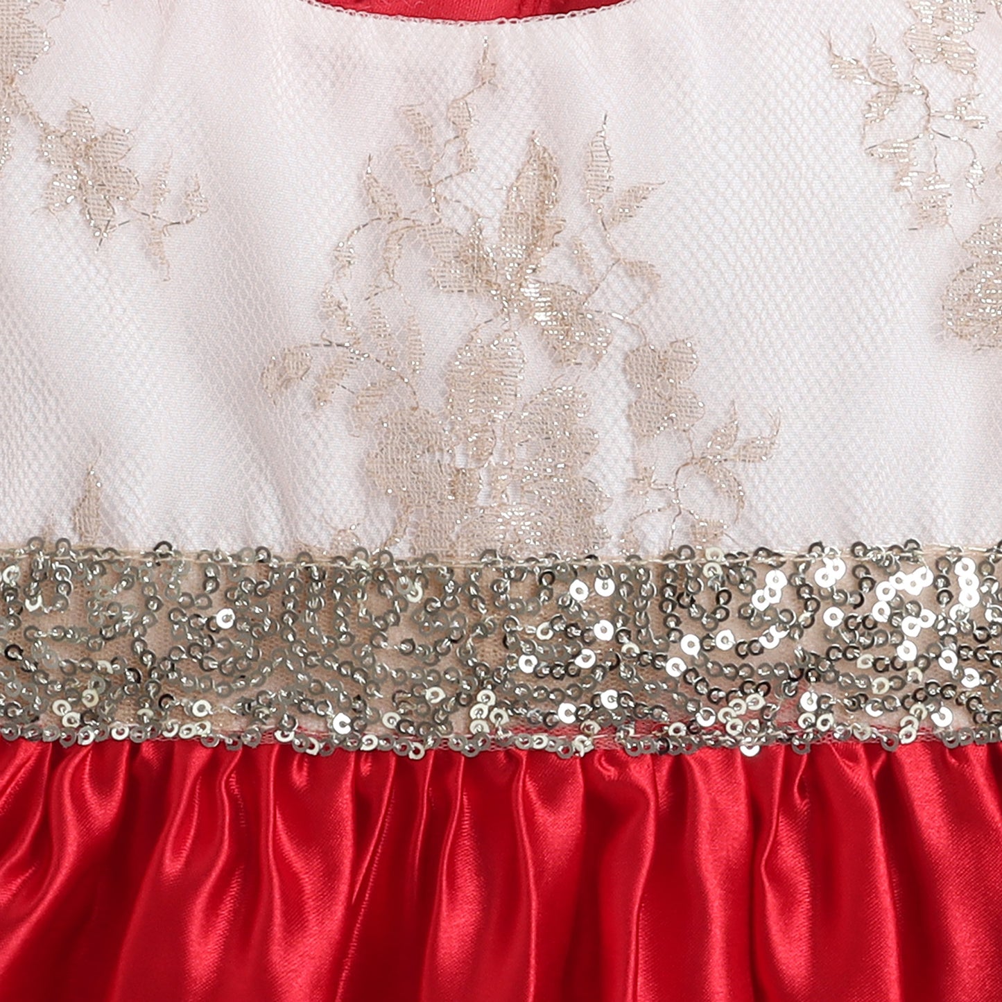 Many Frocks & Sleeveless  Sequin Lace Embellished Knee Length Flared Girls Christmas Party Dress - Red & Cream