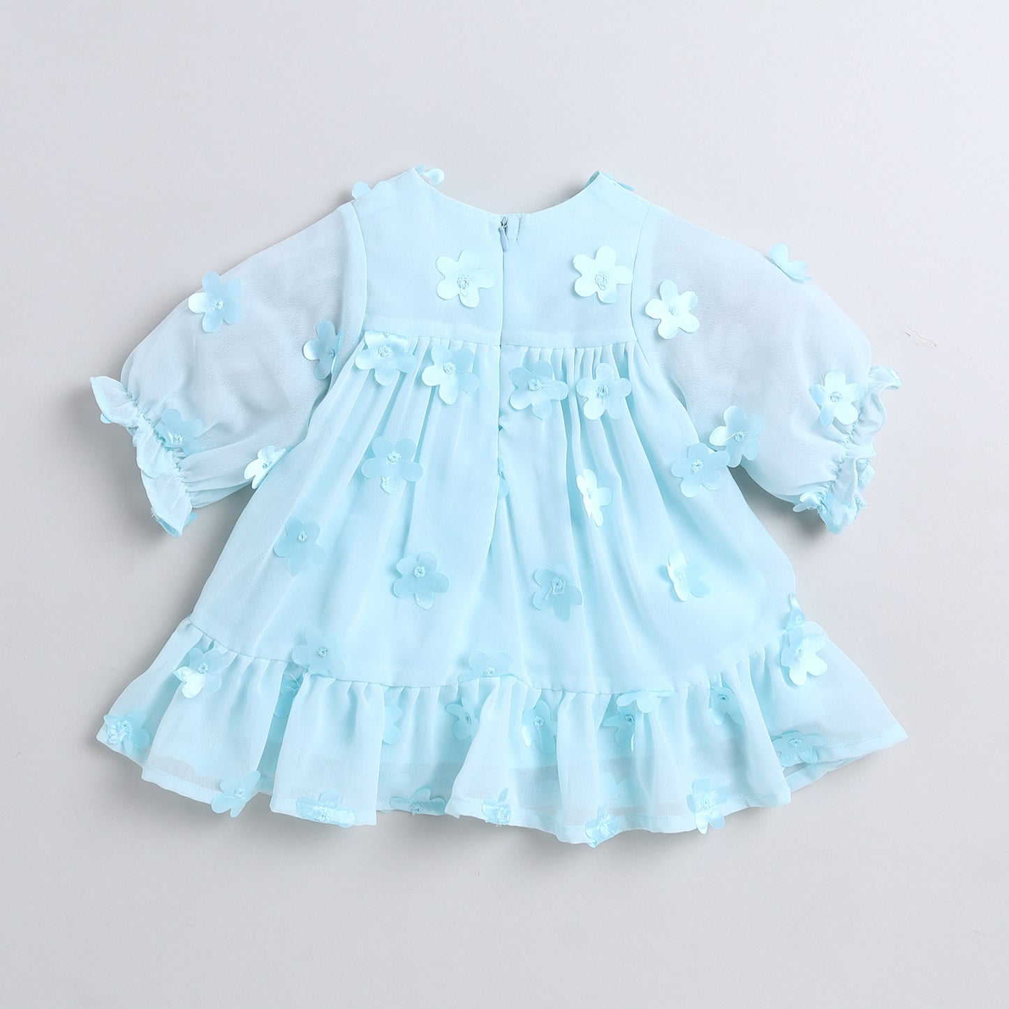 Many Frocks & Georgette Short Sleeves 3D Flower Embellished Knee Length Flared A Line Girls Christmas Party Dress - Light Blue