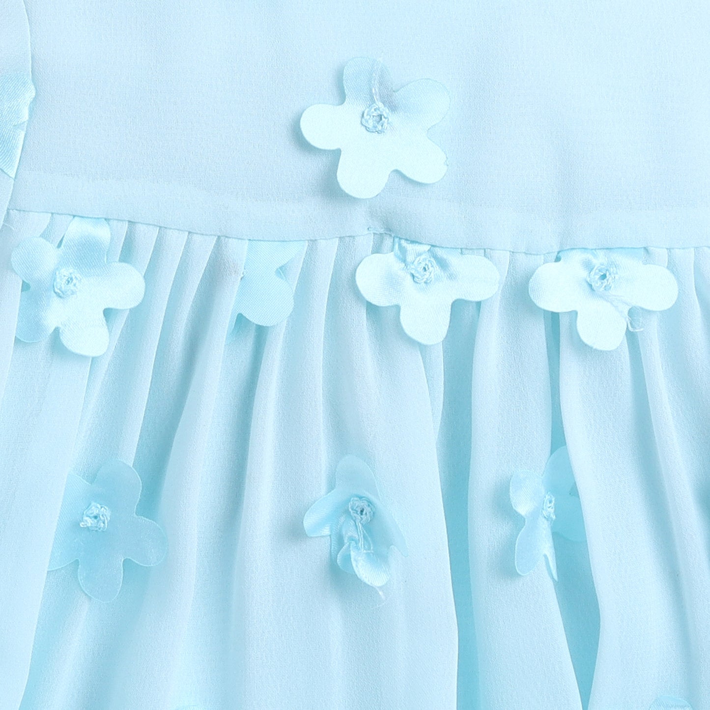 Many Frocks & Georgette Short Sleeves 3D Flower Embellished Knee Length Flared A Line Girls Christmas Party Dress - Light Blue