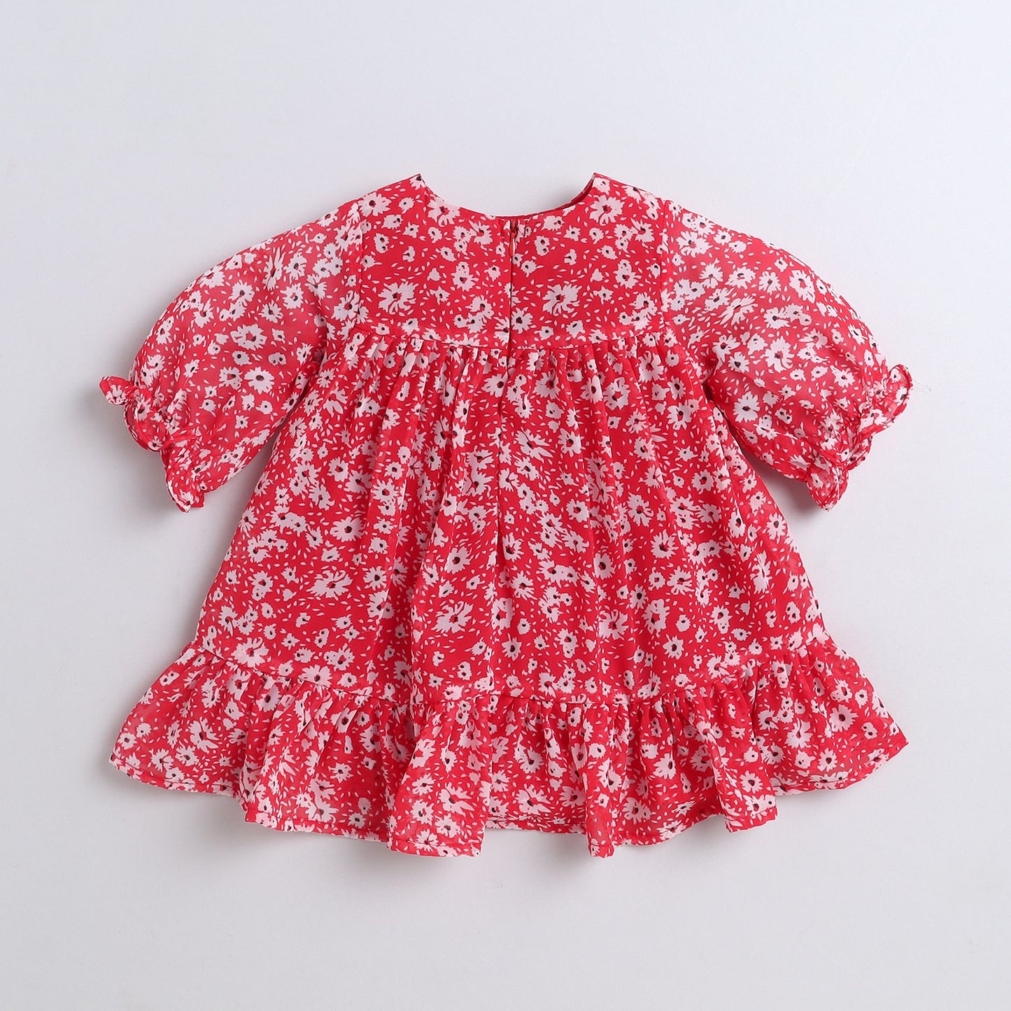 Many Frocks & Georgette Short Sleeves Floral Printed Knee Length Flared A Line  Girls Christmas Casual  Dress -Red