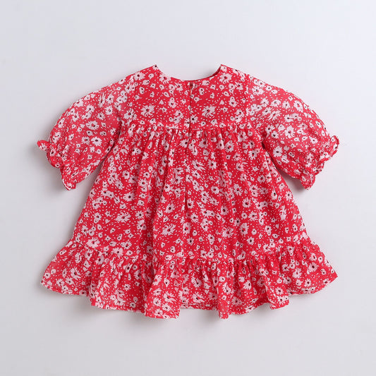 Many Frocks & Georgette Short Sleeves Floral Printed Knee Length Flared A Line  Girls Christmas Casual  Dress -Red