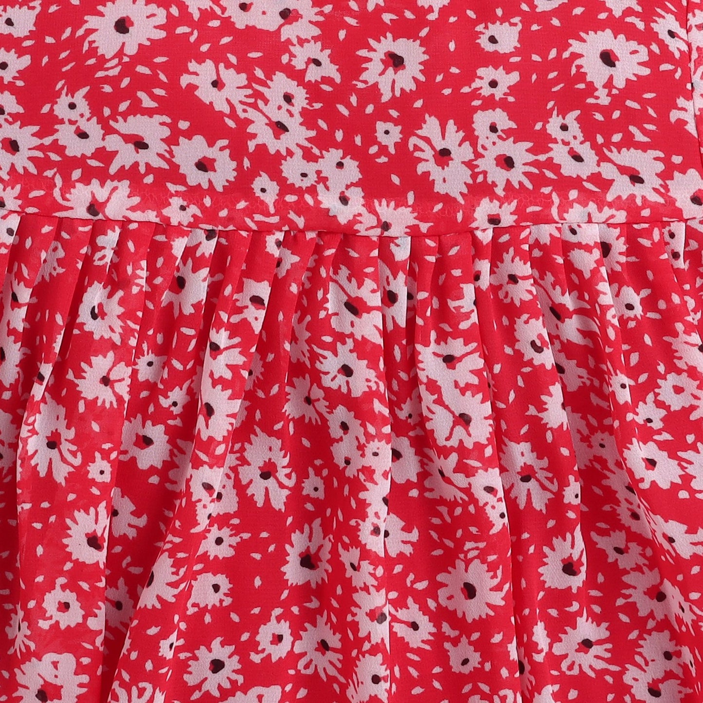 Many Frocks & Georgette Short Sleeves Floral Printed Knee Length Flared A Line  Girls Christmas Casual  Dress -Red