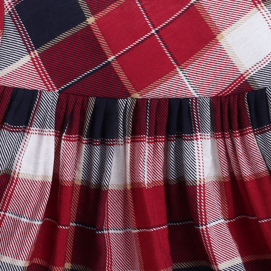 Many Frocks & Cotton Short Sleeves Checks Printed Knee Length Flared A Line  Girls Christmas Casual  Dress -Maroon