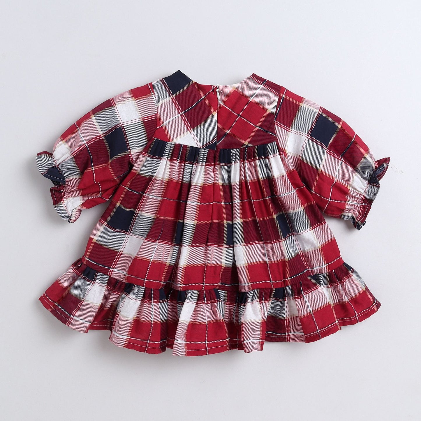 Many Frocks & Cotton Short Sleeves Checks Printed Knee Length Flared A Line  Girls Christmas Casual  Dress -Maroon
