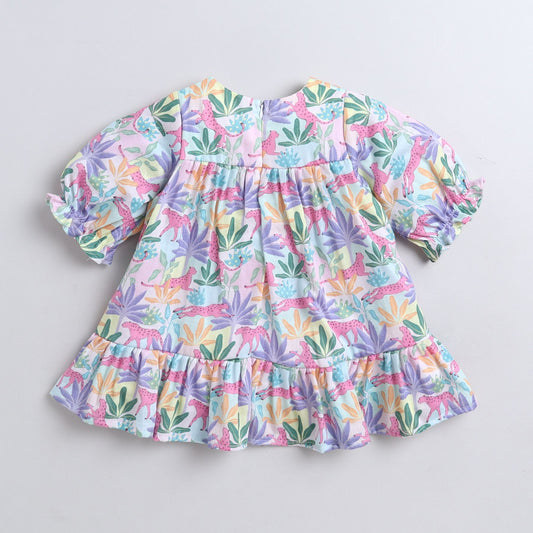 Many Frocks & Cotton Short Sleeves Floral Printed Knee Length Flared A Line Girls Christmas Casual Dress -Multi