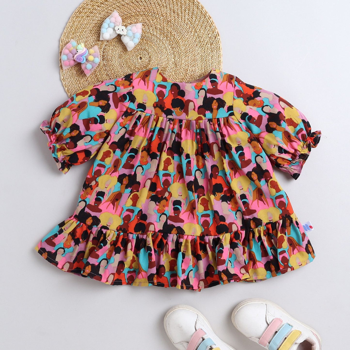 Many Frocks & Crepe Short Sleeves Printed Knee Length Flared A Line  Girls Christmas Casual  Dress -Multi