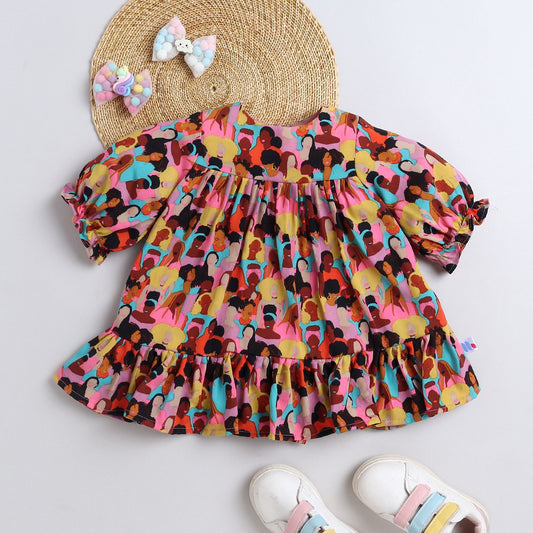 Many Frocks & Crepe Short Sleeves Printed Knee Length Flared A Line  Girls Christmas Casual  Dress -Multi