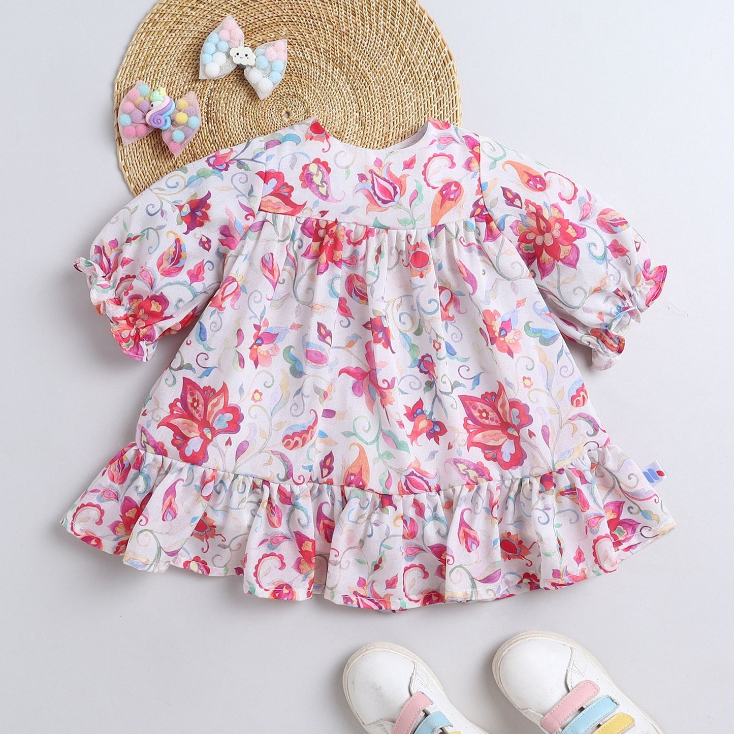 Many Frocks & Short Sleeves Floral Printed Knee Length Flared A Line  Girls Christmas Casual  Dress -Pink