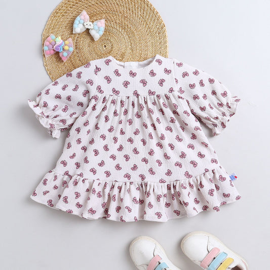 Many Frocks & Short Sleeves Bow Printed Knee Length Flared A Line  Girls Christmas Casual  Dress -White