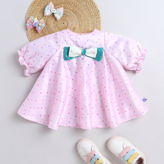 Many Frocks & Satin Short Sleeves Bow Embellished Knee Length Flared A Line  Girls Christmas Party Dress -Pink