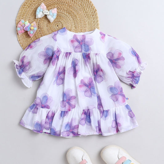 Many Frocks & Georgette Short Sleeves Flower Printed Knee Length Flared A Line  Girls Casual  Dress - White & Purple
