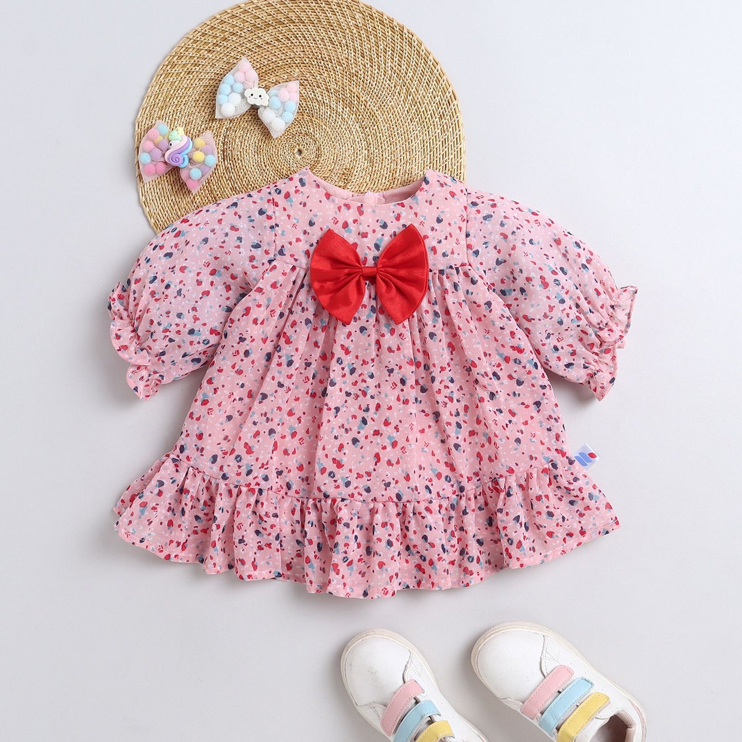 Many Frocks & Georgette Short Sleeves Bow Embellished Knee Length Flared A Line  Girls  Casual  Dress -Pink