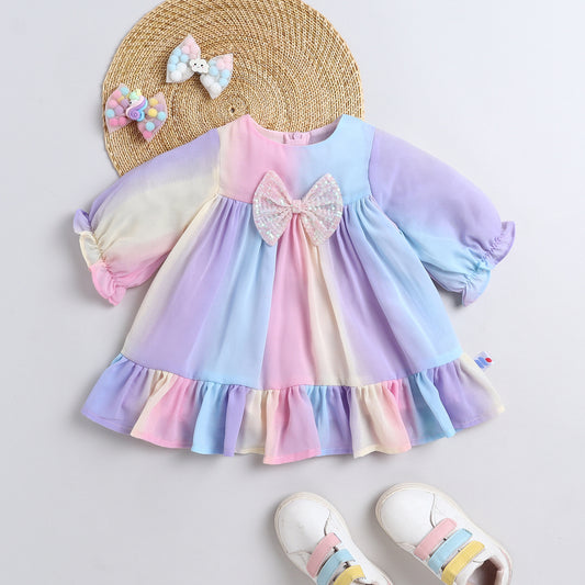 Many Frocks & Georgette Short Sleeves Bow Embellished Knee Length Flared A Line  Girls Christmas Party Dress -Multi Colour