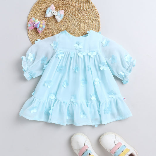 Many Frocks & Georgette Short Sleeves 3D Flower Embellished Knee Length Flared A Line Girls Christmas Party Dress - Light Blue