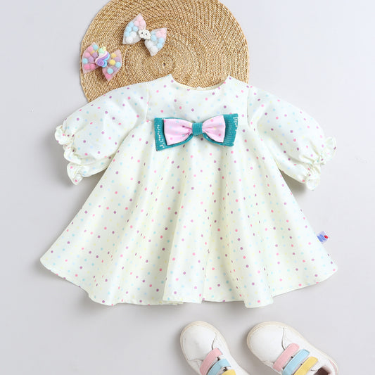 Many Frocks & Satin Short Sleeves Bow Embellished Knee Length Flared A Line  Girls Christmas Casual  Dress -Yellow