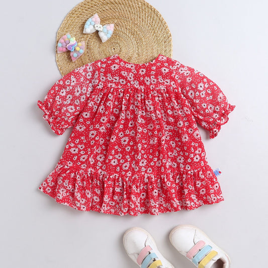 Many Frocks & Georgette Short Sleeves Floral Printed Knee Length Flared A Line  Girls Christmas Casual  Dress -Red