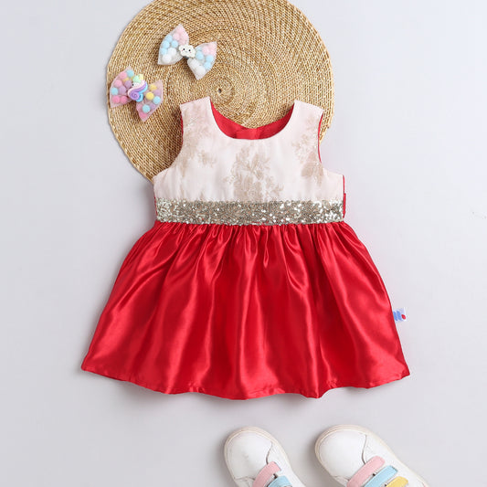 Many Frocks & Sleeveless  Sequin Lace Embellished Knee Length Flared Girls Christmas Party Dress - Red & Cream